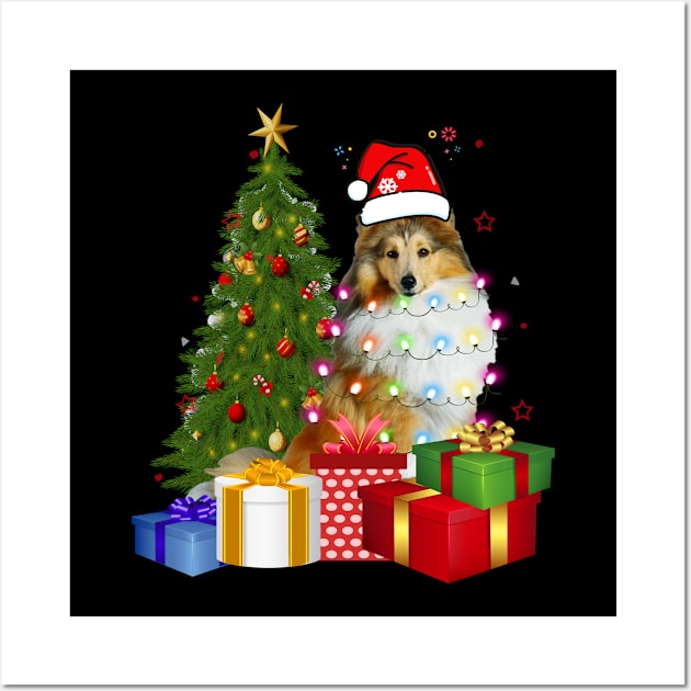 Collie Christmas Tree Santa Hat Funny Xmas Gift Dog T-Shirt Wall Art by CoolTees